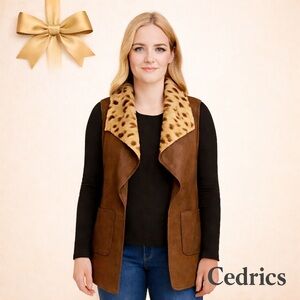 Faux Shearling Leather Look Vest Leopard Collar Brown Fall Layering Medium